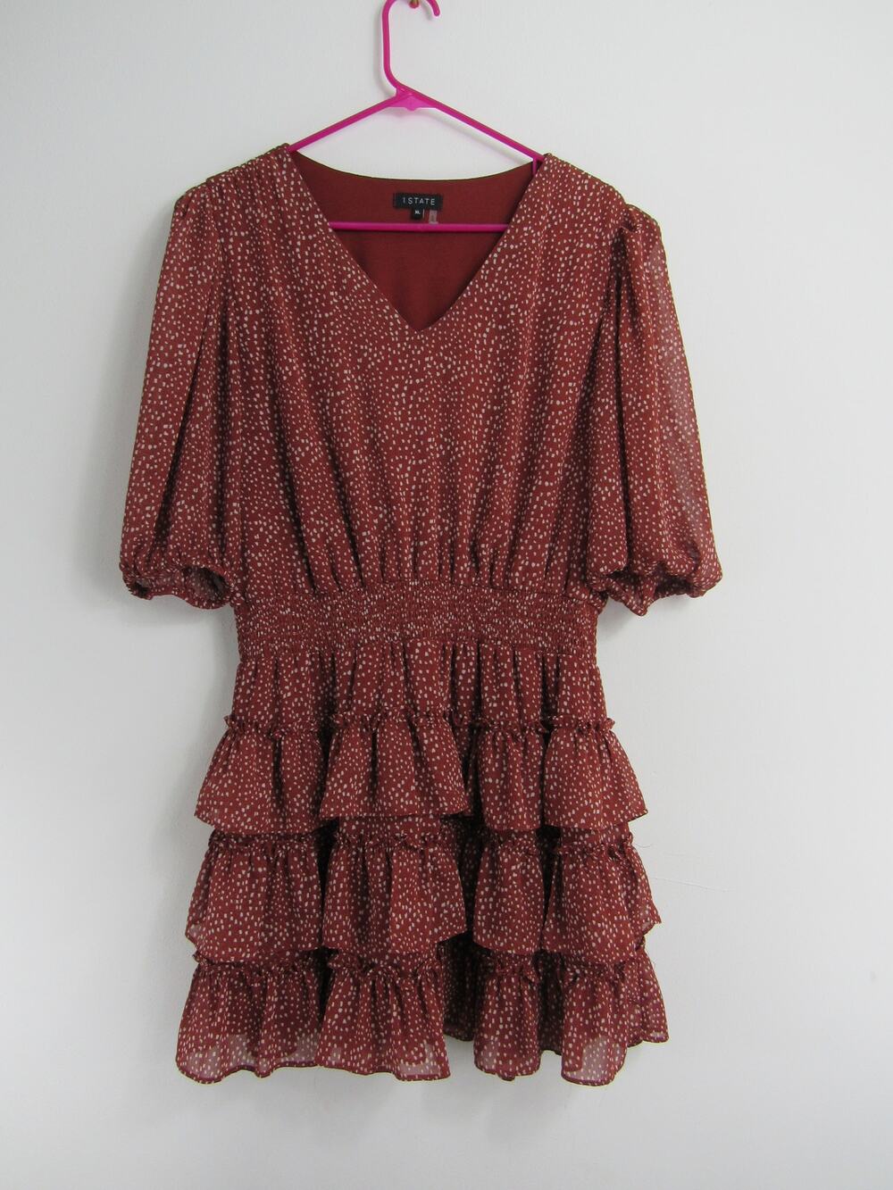 1. State XL Chiffon Smocked Mini Dress Burgundy Wine Polka Dots Tiered